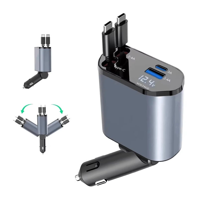 Bluejw Hot Selling 4-in-1 Retractable Car Charger Adapter - LED Digital Display, Smart Quick Fast Automobile Charging Station - Image 2